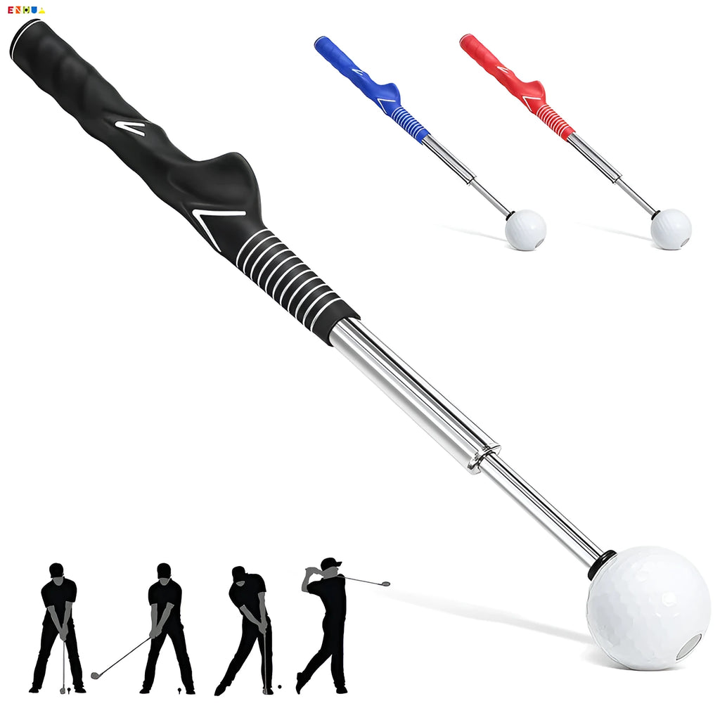 Stainless steel telescopic golf swing trainer simulator in black, blue, or red.