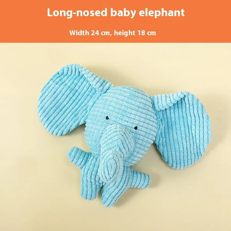 Assorted plush puppy toys including a blue elephant, coloured donkeys, and rechargeable duck styles.