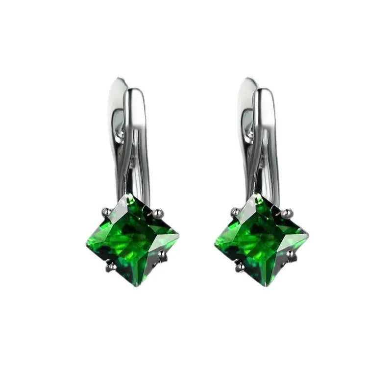 Copper women's stud earrings with diamond design and inlaid zircon in blue, green colours.