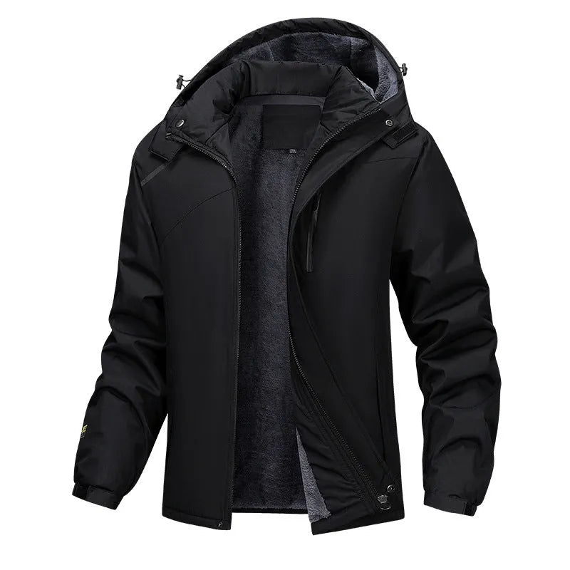 Men's plus size loose fit hooded coat in army green, showing waterproof polyester fabric and front zip.
