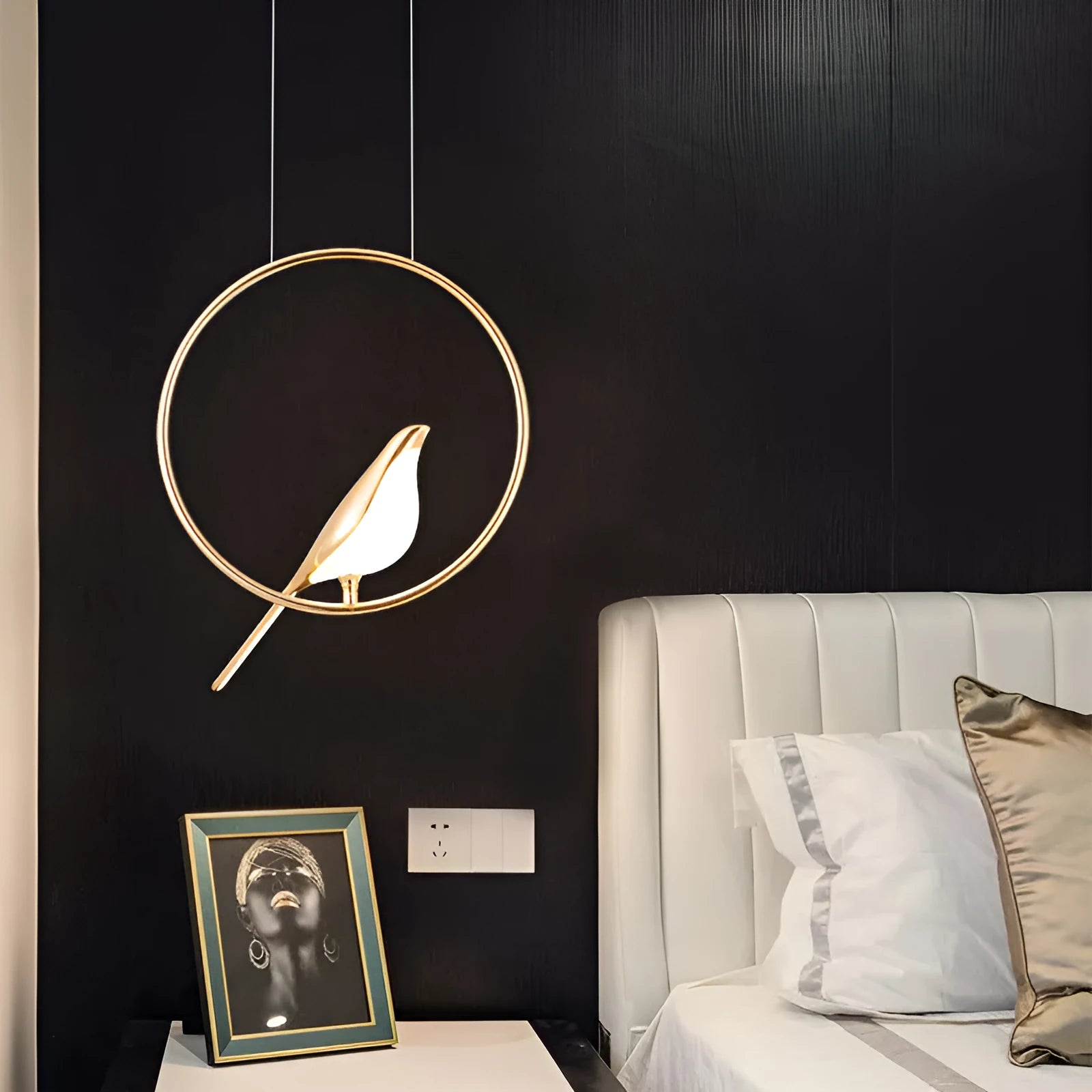 Modern minimalist magpie bird chandelier made of zinc alloy and acrylic with 150cm drop and neutral LED light