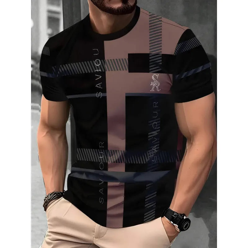 Men's short-sleeved striped t-shirt with digital 3D printing in loose business casual fit