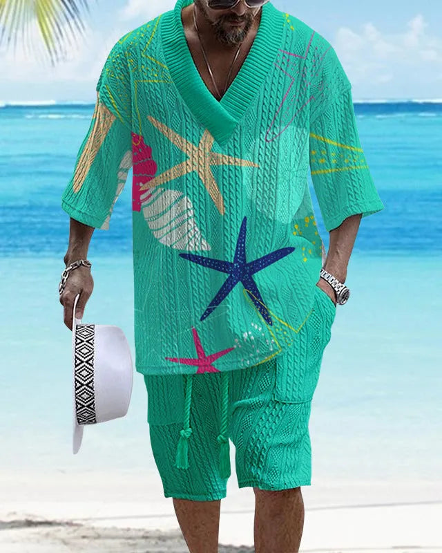 Men's loose casual short sleeve top and shorts suit separates set in polyester fabric