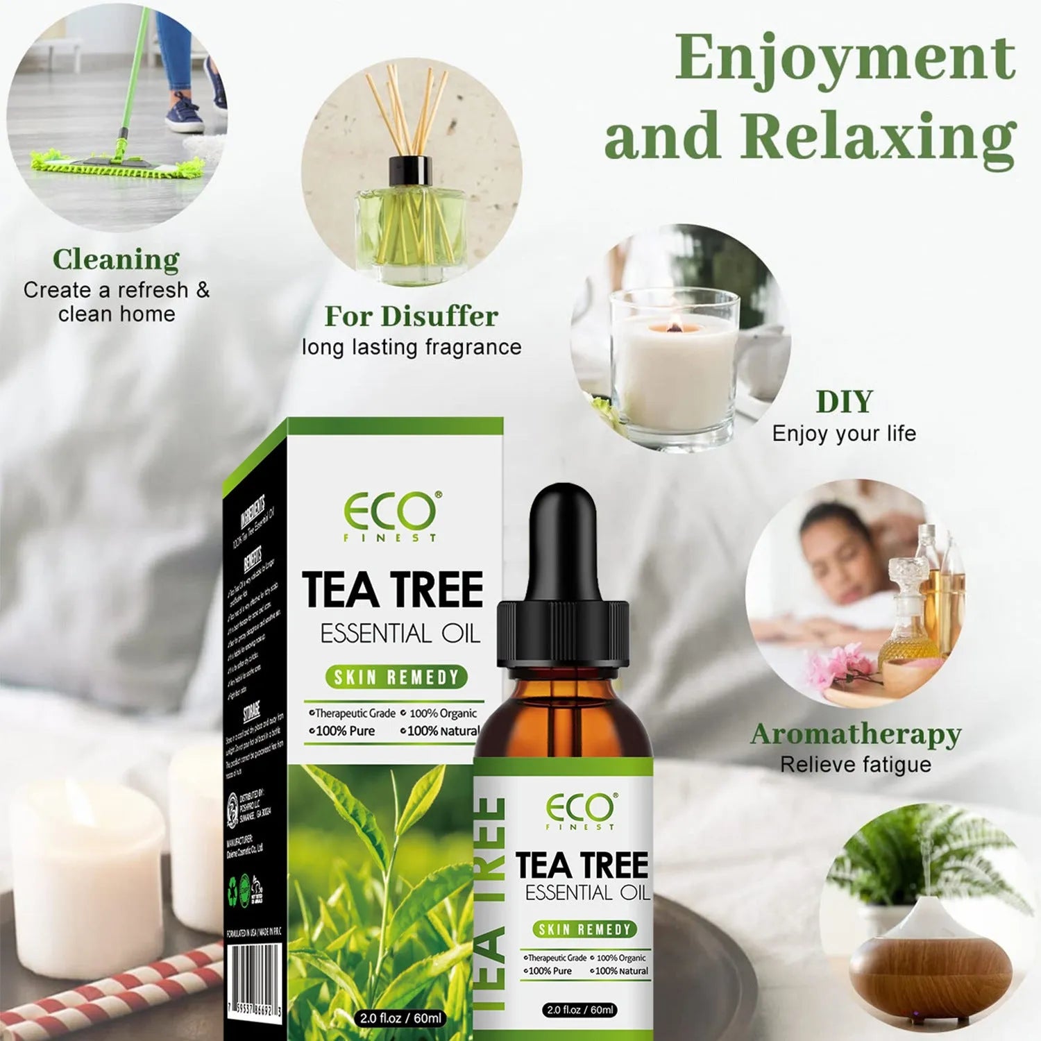 60ml bottle of tea tree essential oil for facial massage and skincare application