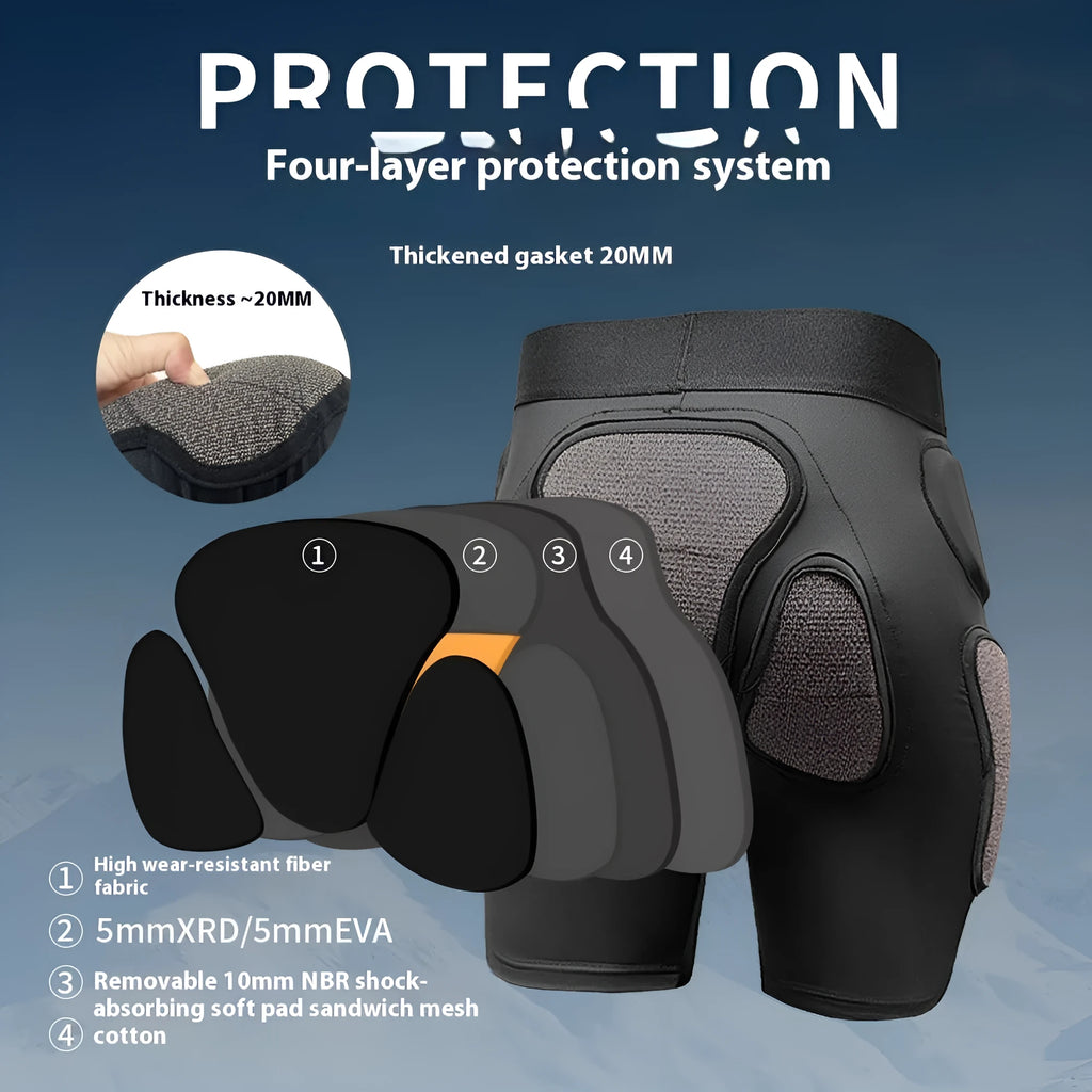 X-ray diffraction skiing protective gear set showing hip pads and knee pads for multi-sport safety.