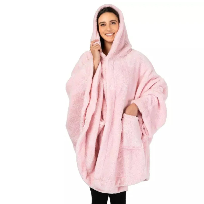 A hooded long sleeve bathrobe in super thick polyester fabric, shown in a cardigan style.