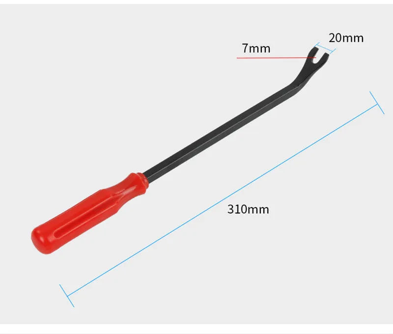 Red-handled steel automotive plier for GM door panel clip removal and horn driver nailing.