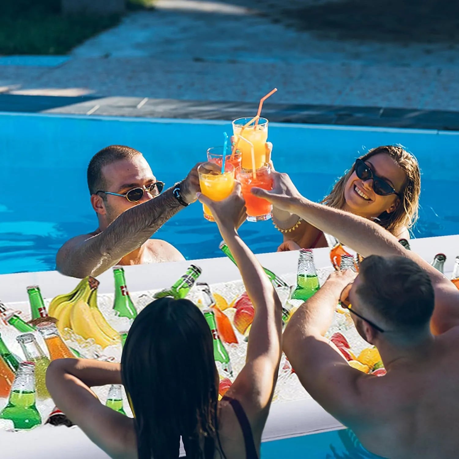 Inflatable ice bar set with cup holders and yellow ice bucket for party beverage cooling