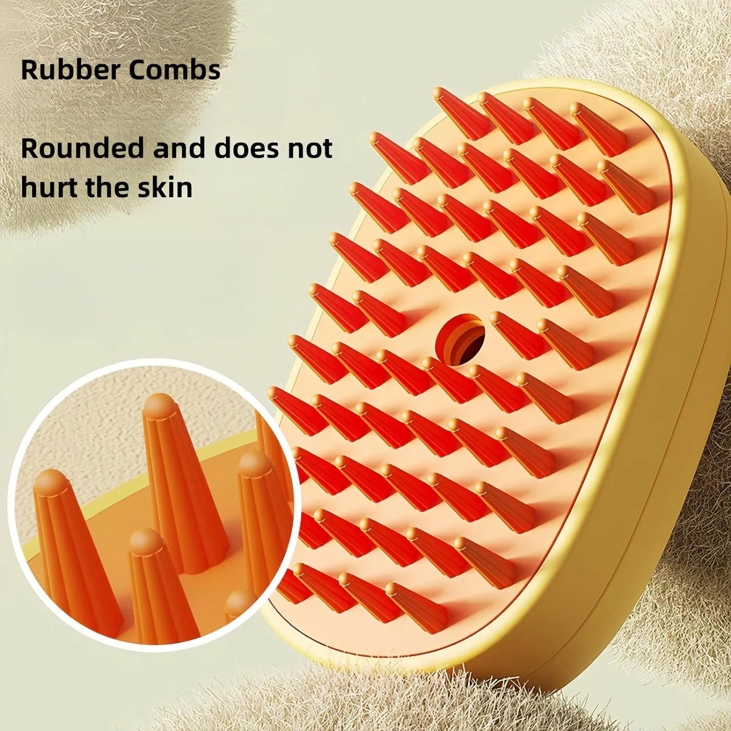 White and yellow pet steam brush with silicone teeth and water tank for dog and cat grooming