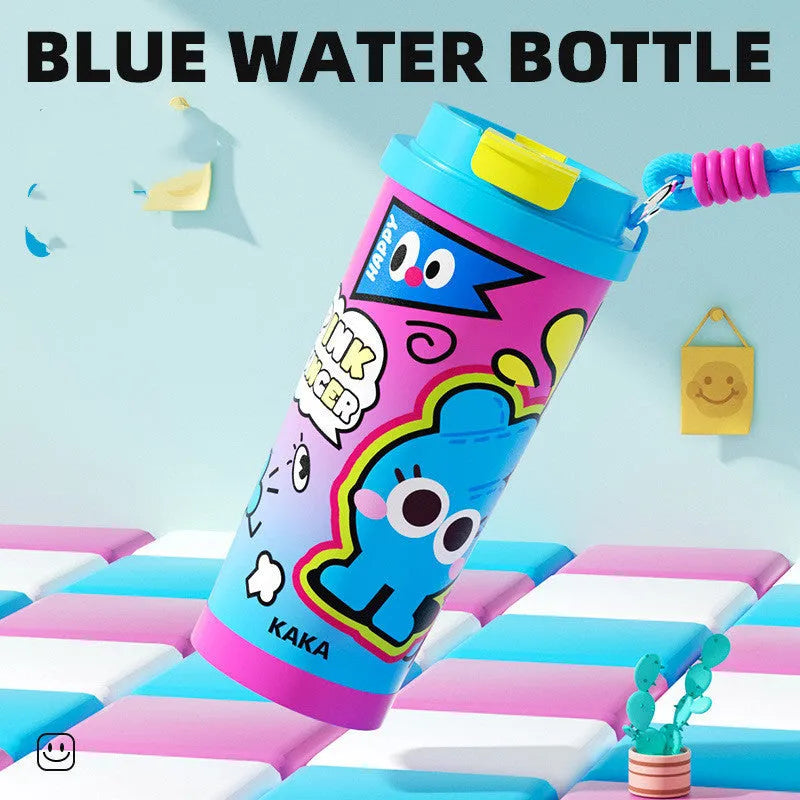 Insulated vacuum cup with creative design showing colour options including green, black, pink purple, and blue and red variations