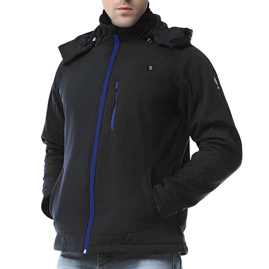 Black USB-heated winter coat with long sleeves and straight hem design