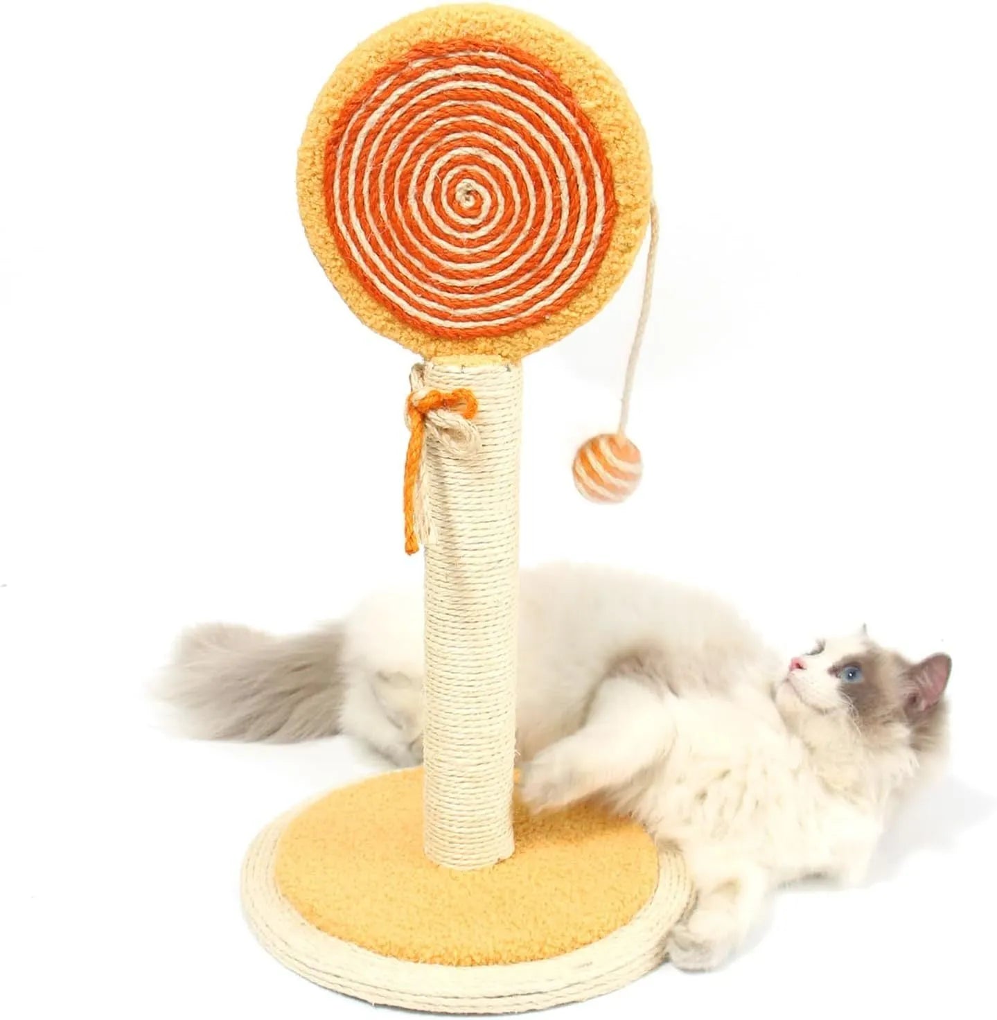 Blue cat scratching post with sisal surface and hanging ball on stable circular base
