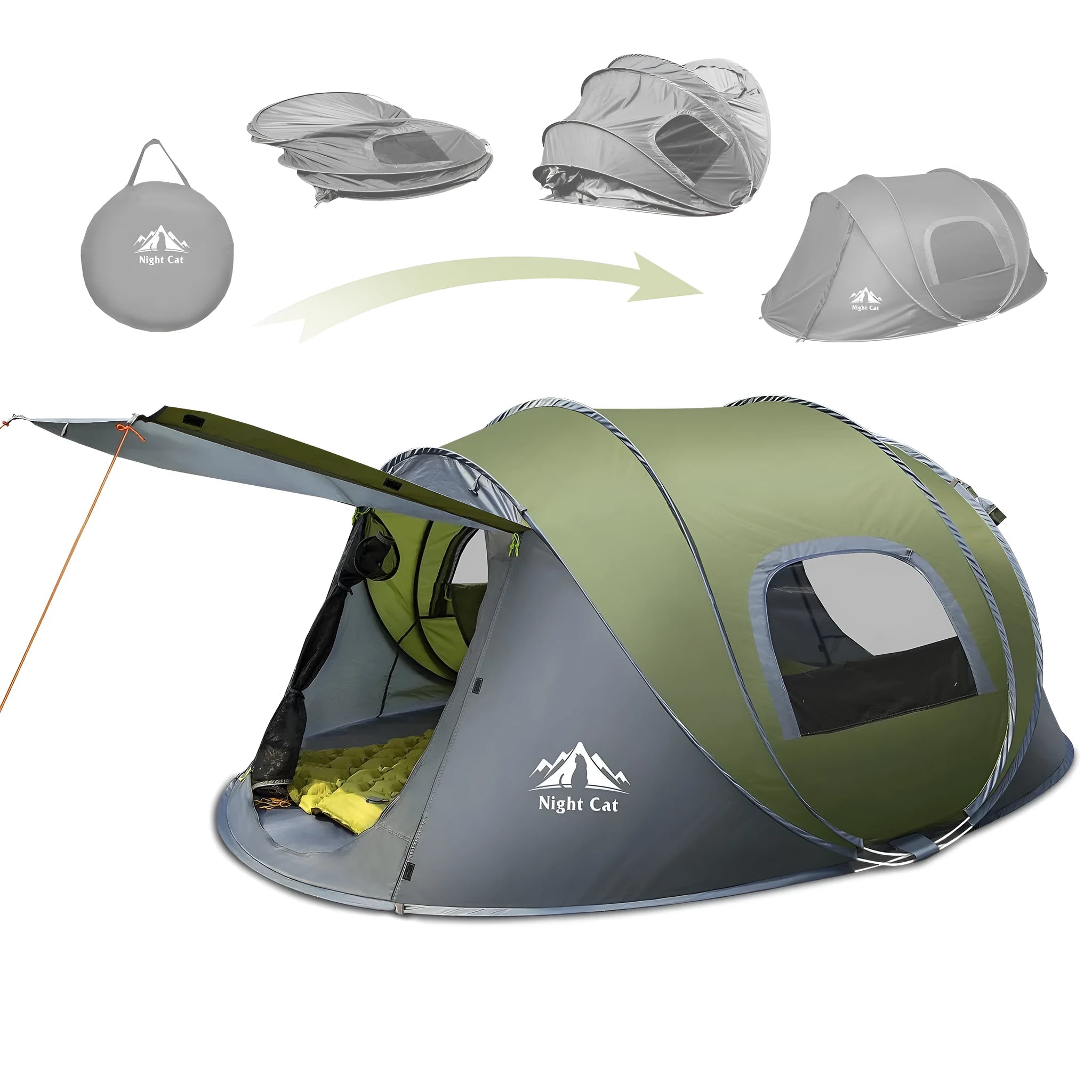 Dark green two-person automatic pop-up camping tent with dimensions 2.9m long by 2m wide
