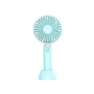 Blue handheld mini silent desktop electric fan with USB cable, three-speed control, and shaking head function.