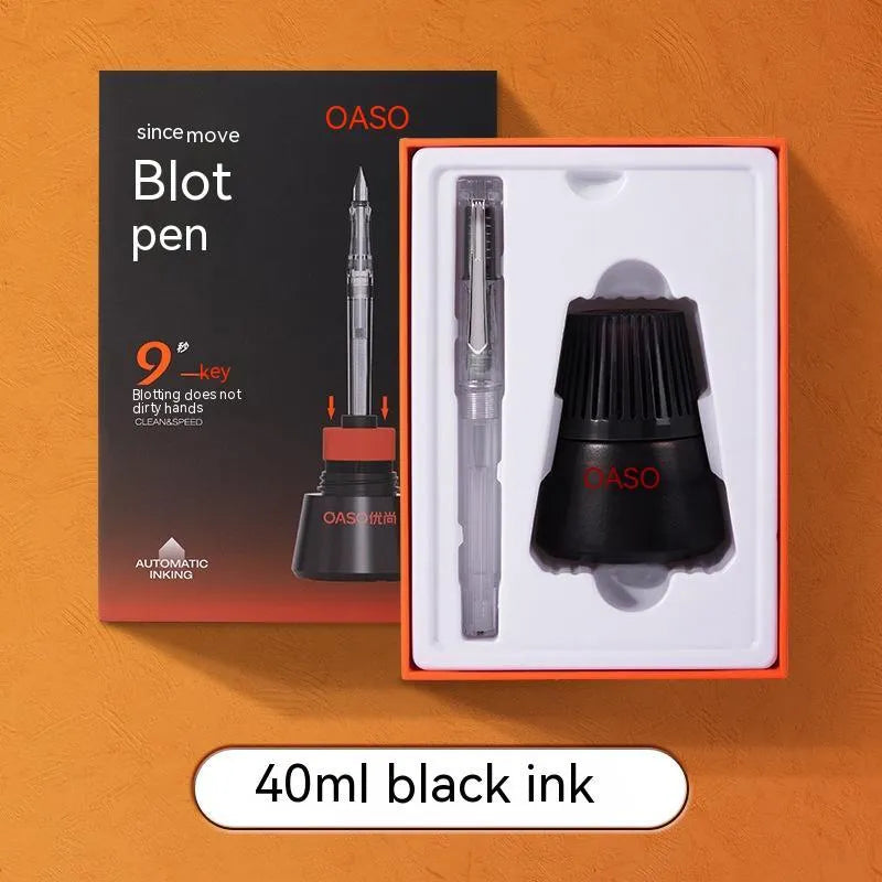 Automatic suction pen set with plastic body, stainless steel tip, ink feeder, and handbag on a desk.