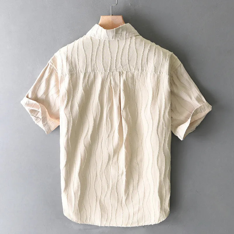 Men's pure cotton short sleeve casual shirt in loose fit Japanese style, apricot colour