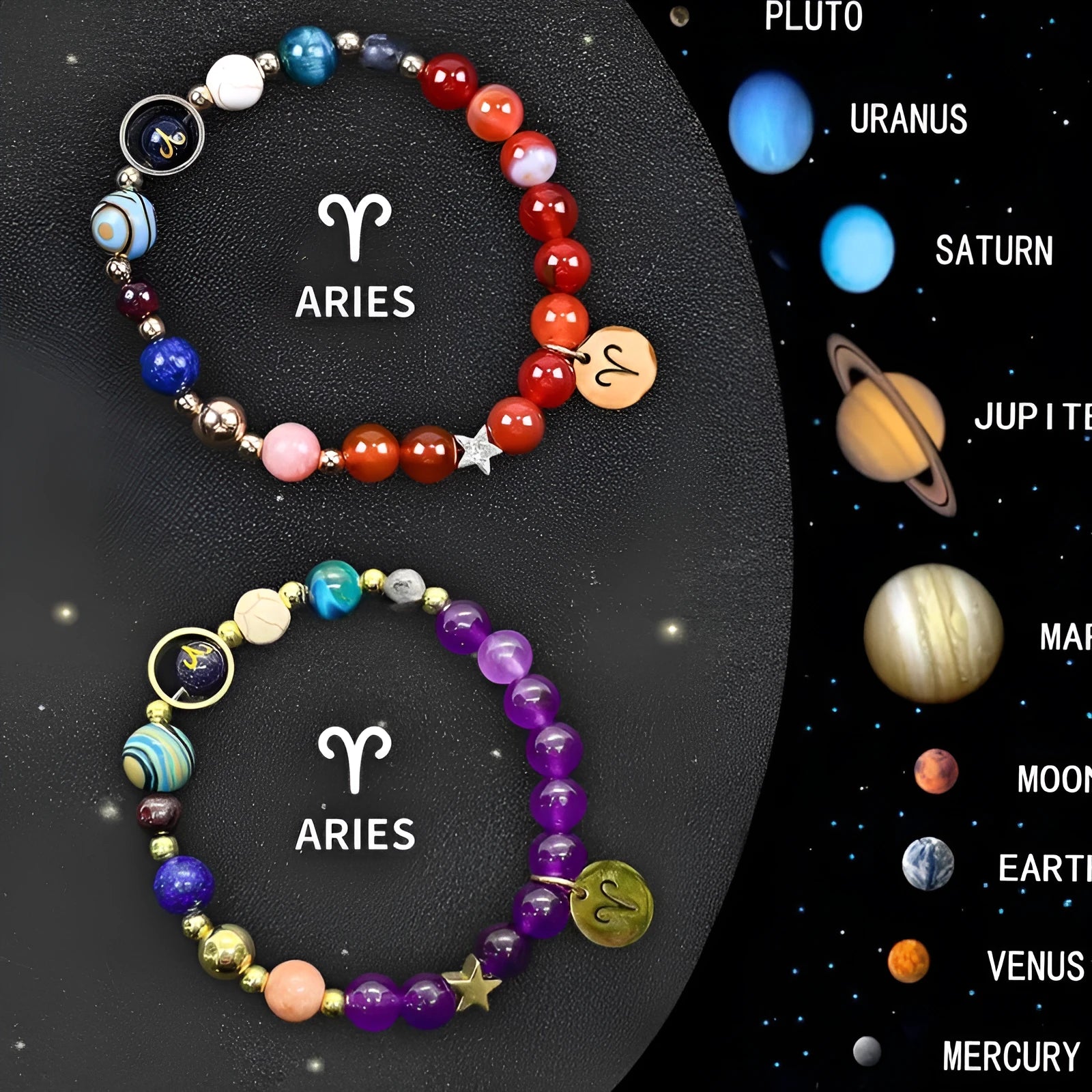 Natural stone beaded bracelets showing zodiac sign designs for all twelve star symbols