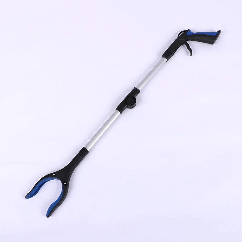 Foldable aluminium sanitation clamp with magnet, shown extended and collapsed with blue handle