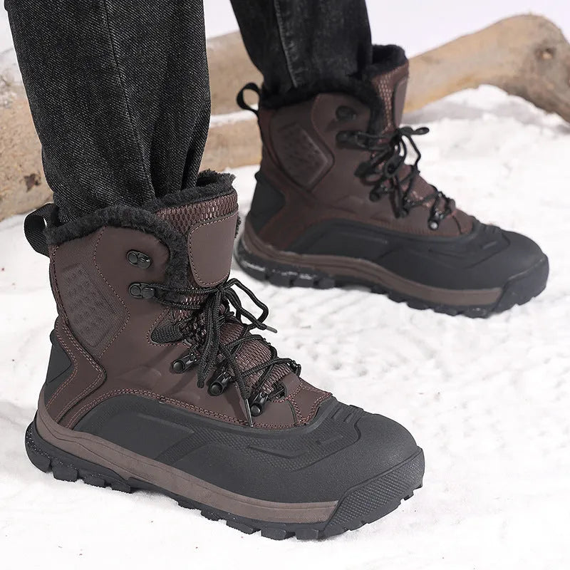 Men's black high-top winter boots with fleece lining and lace-up front on a flat sole.