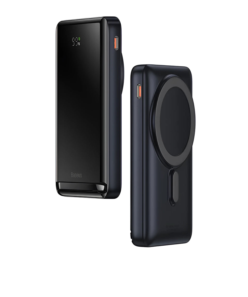 Slim magnetic wireless power bank in blue colour showing dimensions 117.3mm x 69.7mm x 20.3mm