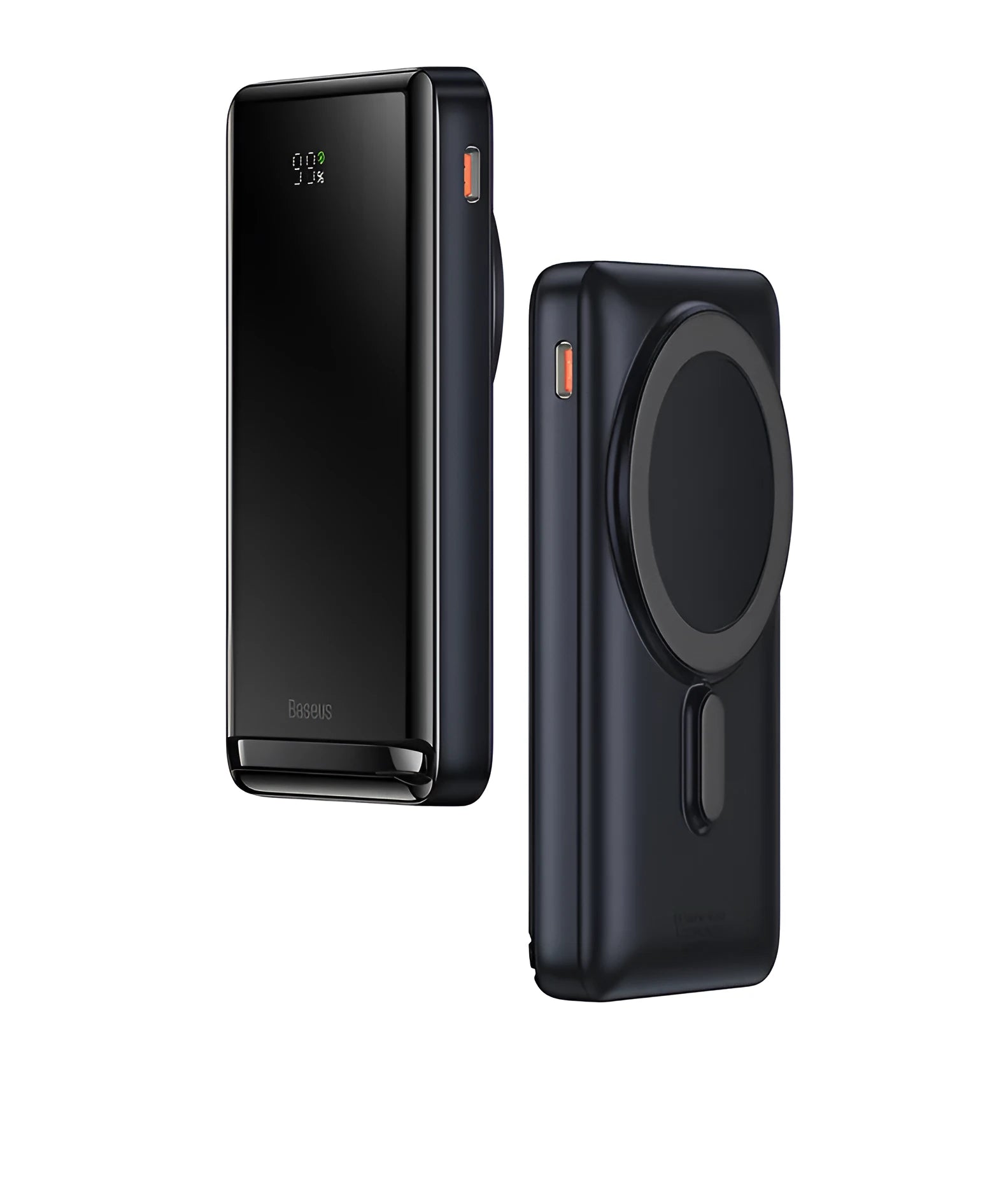 Slim magnetic wireless power bank in blue colour showing dimensions 117.3mm x 69.7mm x 20.3mm