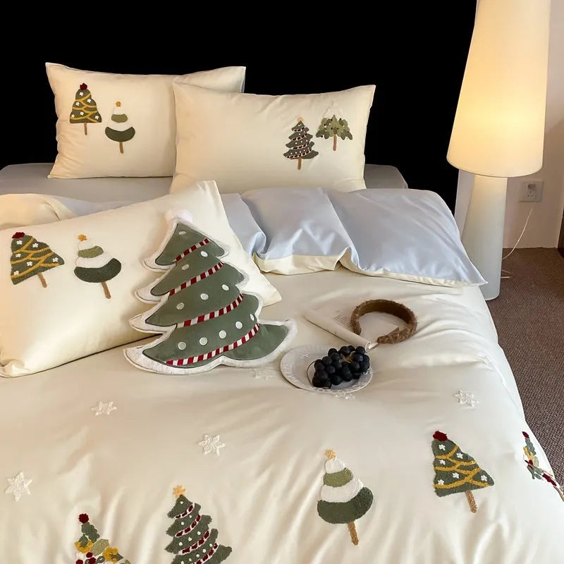 Cotton four-piece bedding set with embroidered Christmas tree towel design on duvet cover