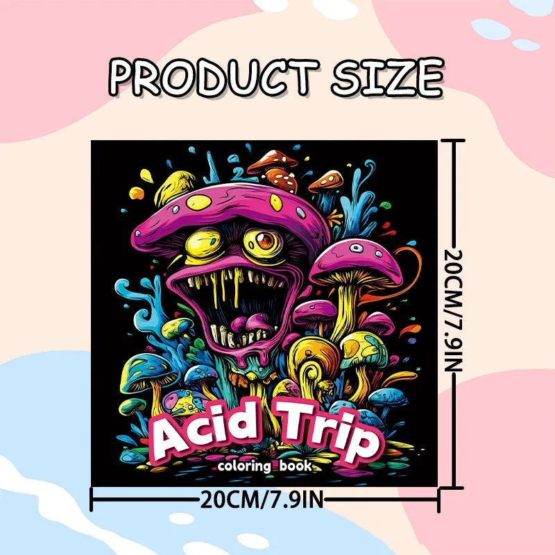 Acid tour coloured creative painting book showing 200mm length and paper pages.