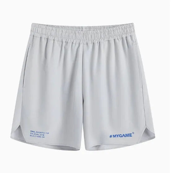 Men's training shorts in black, blue, grey, and white colours from a front view.
