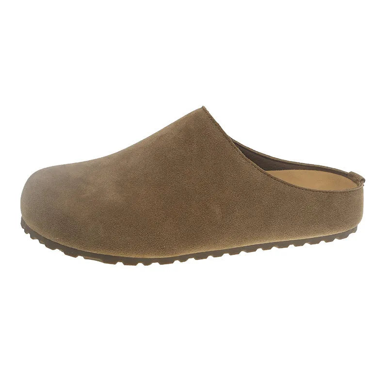 Ugly Soft Flat Korean style slip-on slippers in apricot colour showing square toe and flat design.