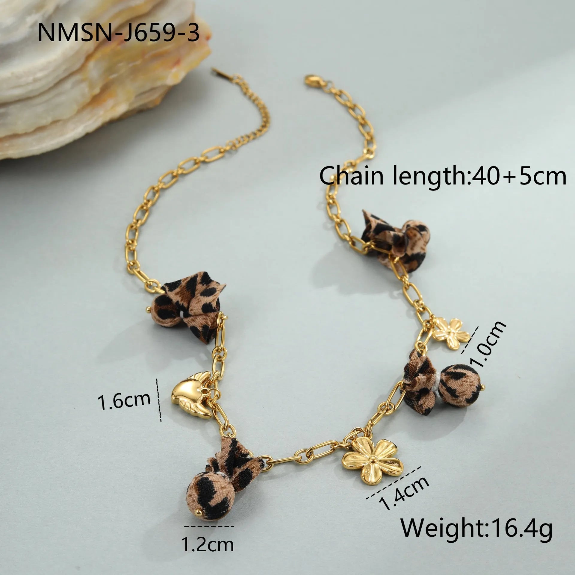 Women's stainless steel leopard pendant necklace with love heart and flower details on 41-50cm adjustable chain