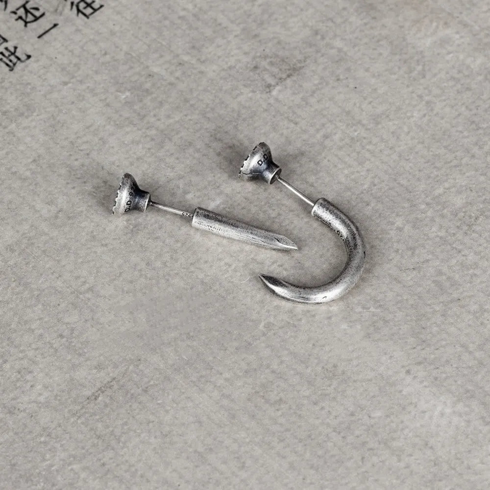 S925 sterling silver nail stud earrings in straight and curved styles with ear hook design