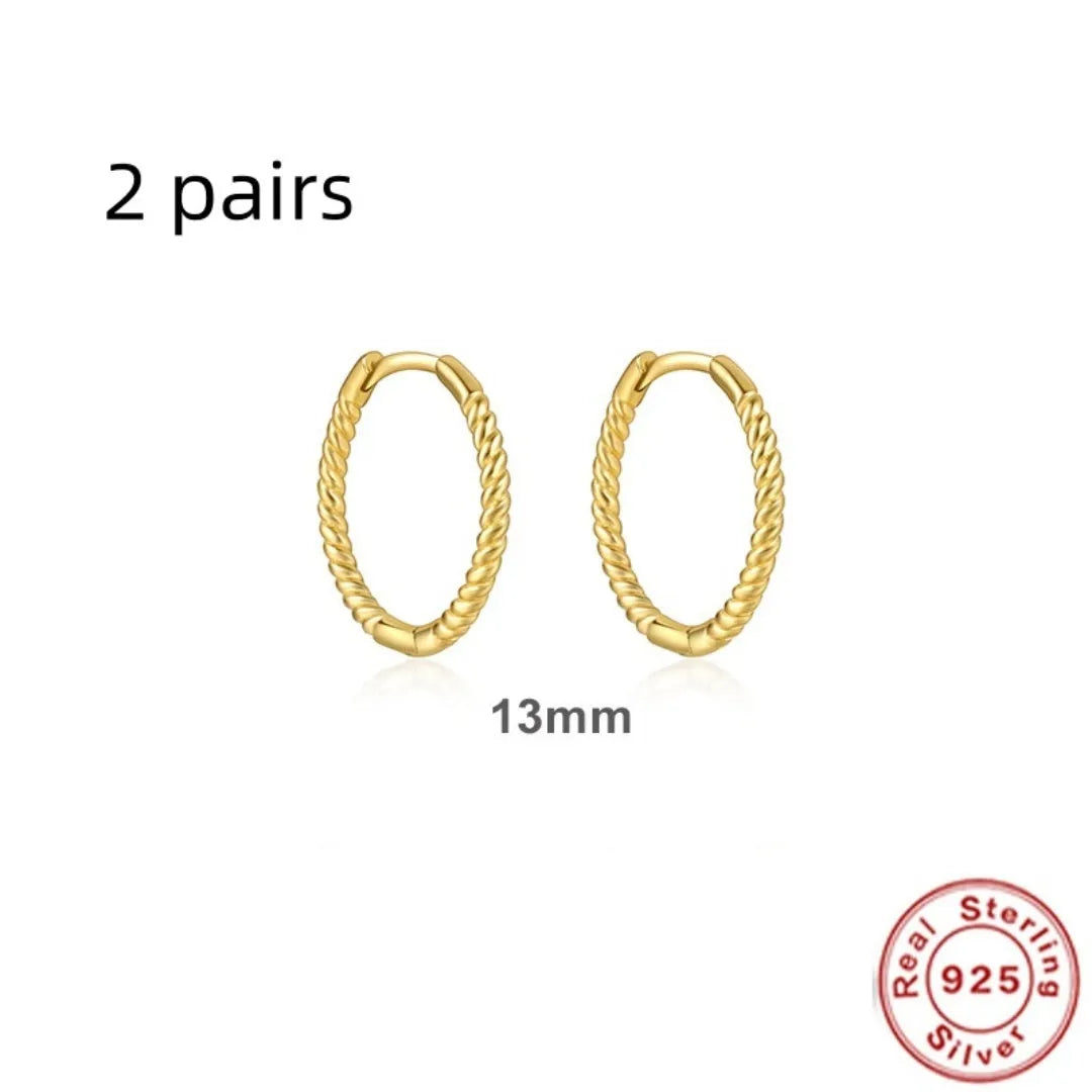 Sterling Silver twisted string round ring earrings in gold or platinum electroplated finishes