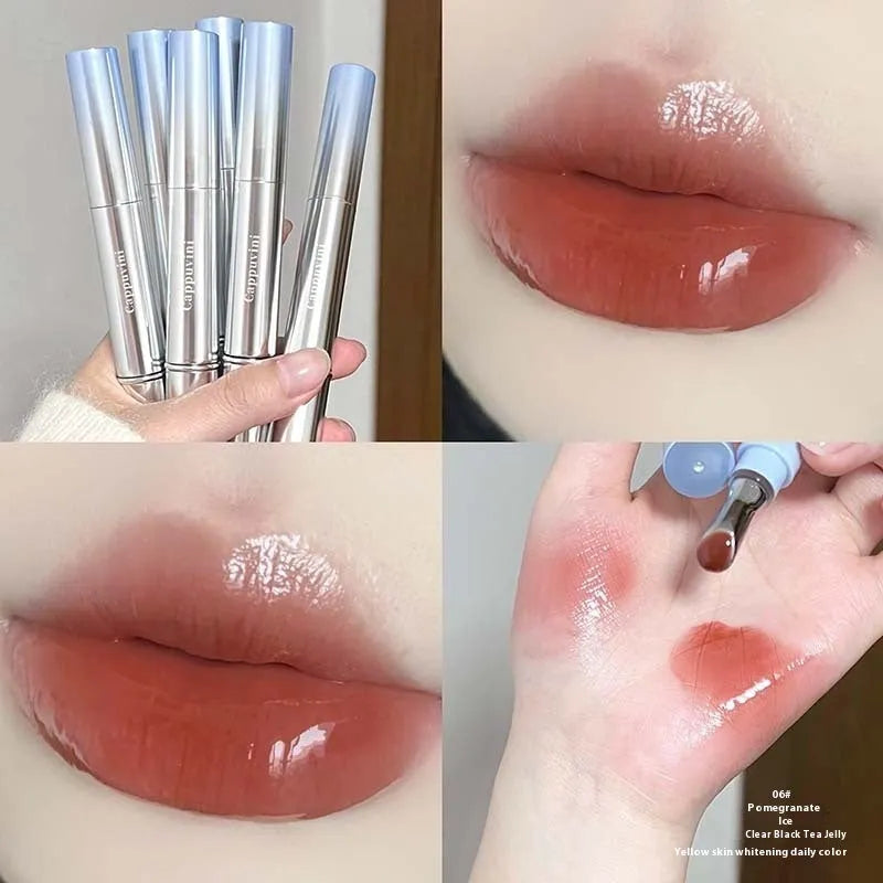 Mirror Water Light Lip Gloss Lipstick in six sheer ice colours including almond, raspberry, and pear.