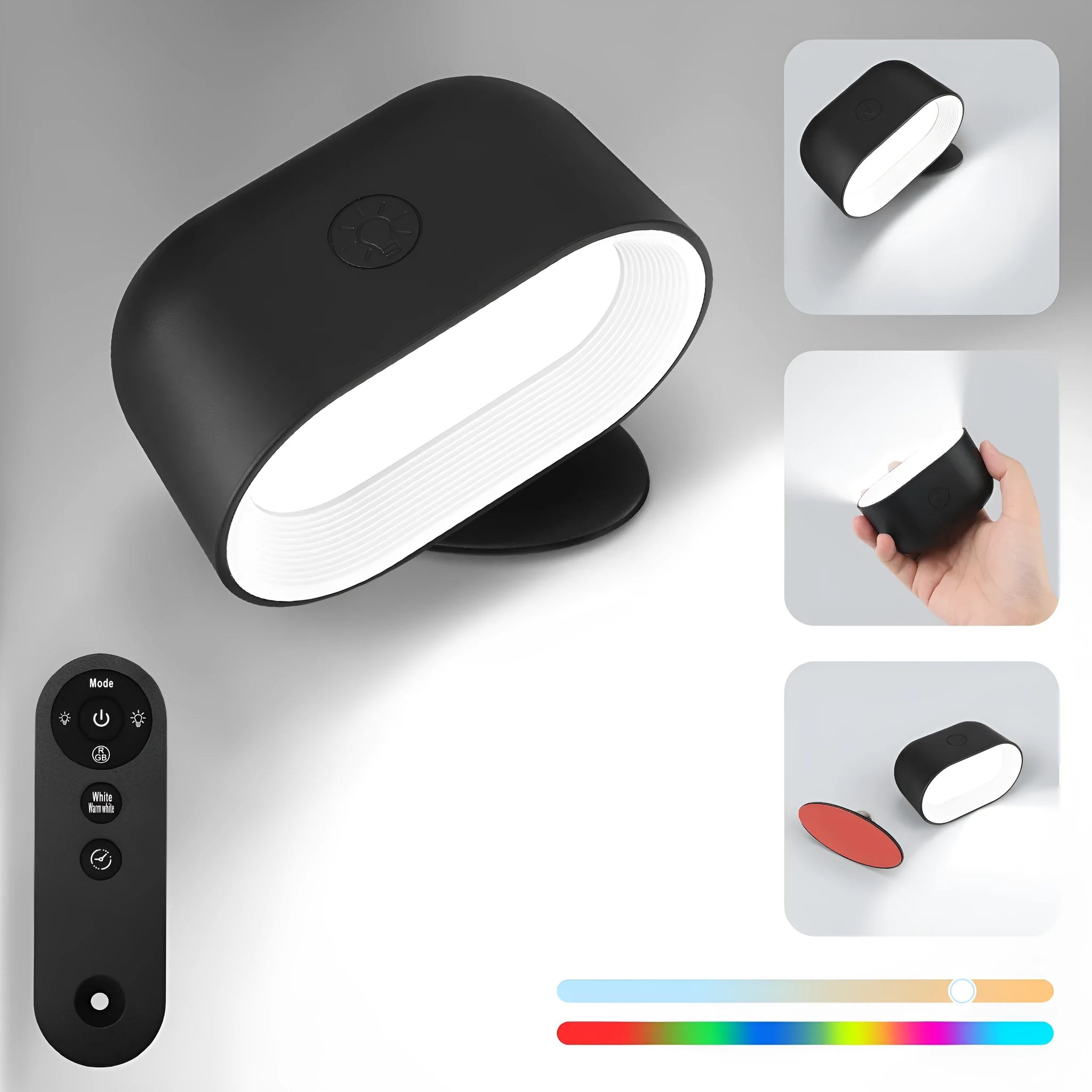 White oval magnetic wall lamp with remote control showing colour changing illumination