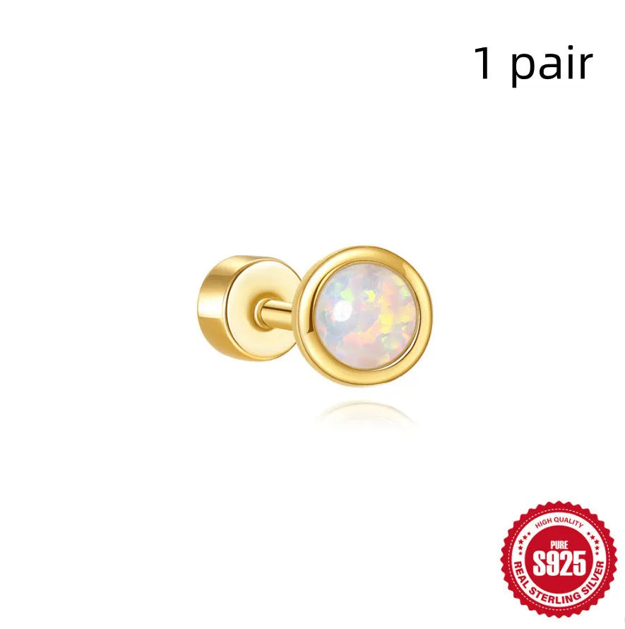 S925 sterling silver flat column geometric ear bone studs with thread detail in a gold colour finish
