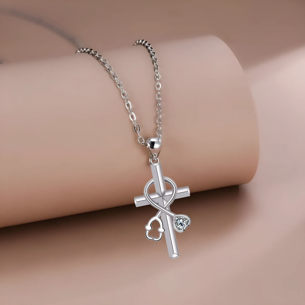 Cross stethoscope necklace with electroplated copper pendant on cross chain