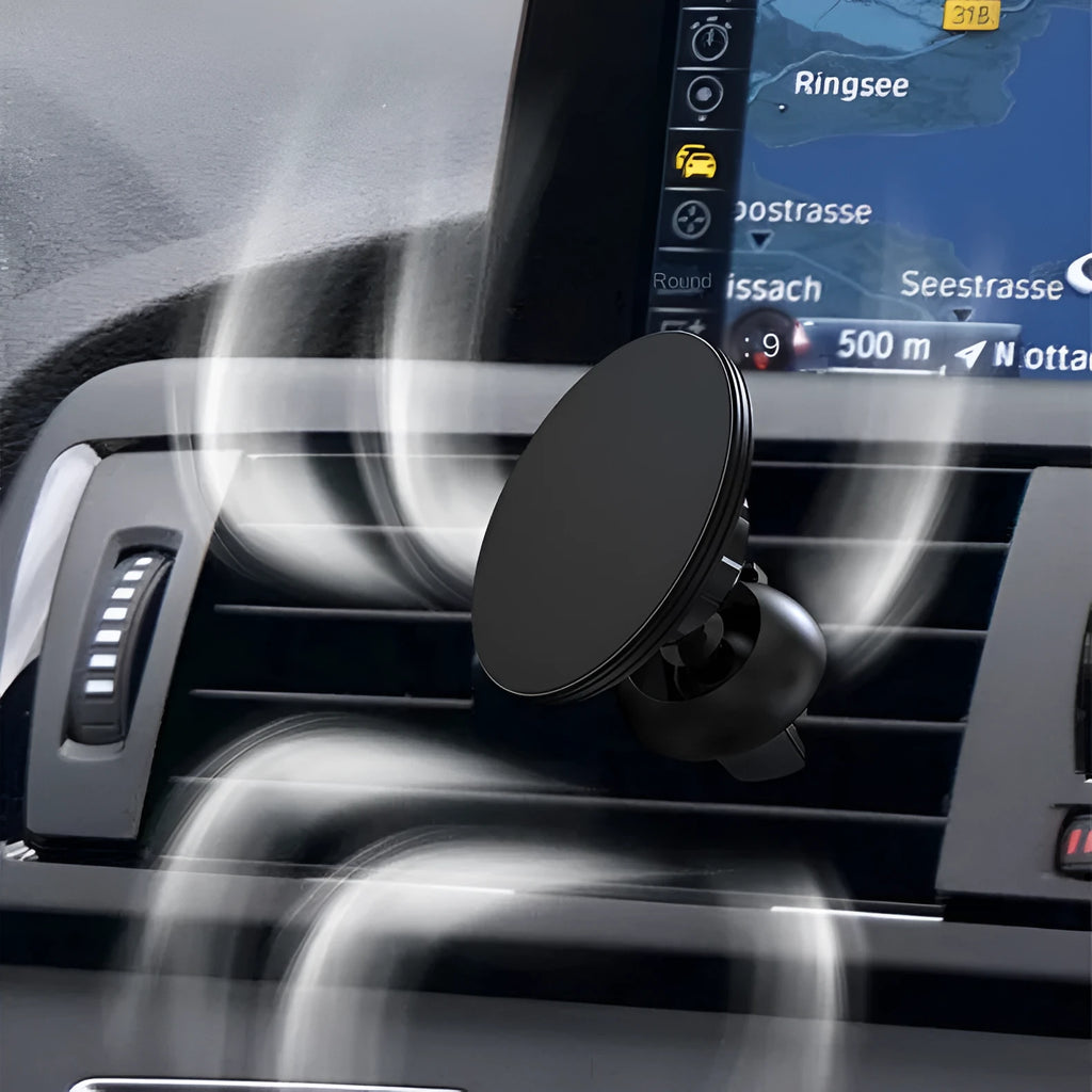 Black aluminium alloy car dashboard magnetic phone holder with air vent clip mounting