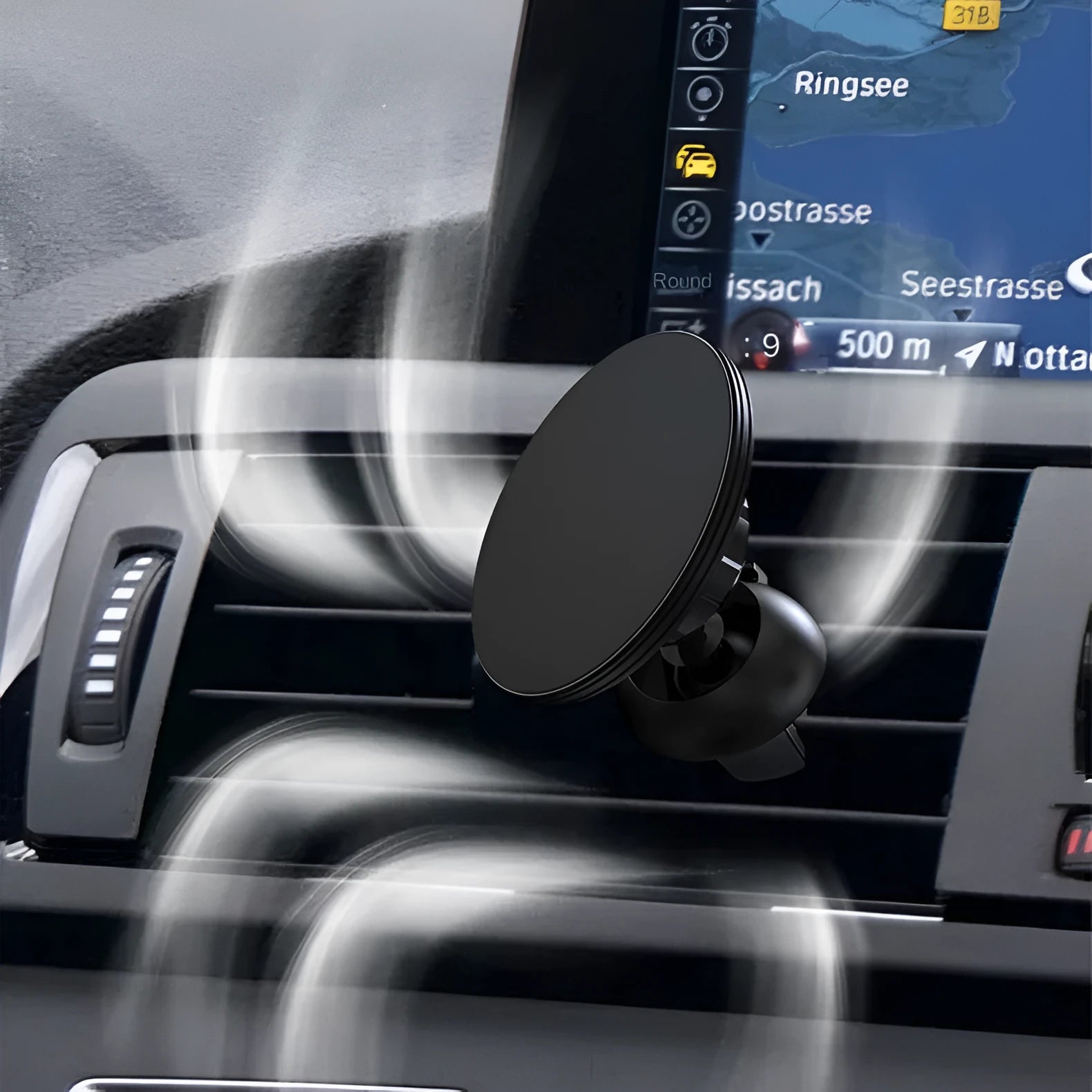 Black aluminium alloy car dashboard magnetic phone holder with air vent clip mounting