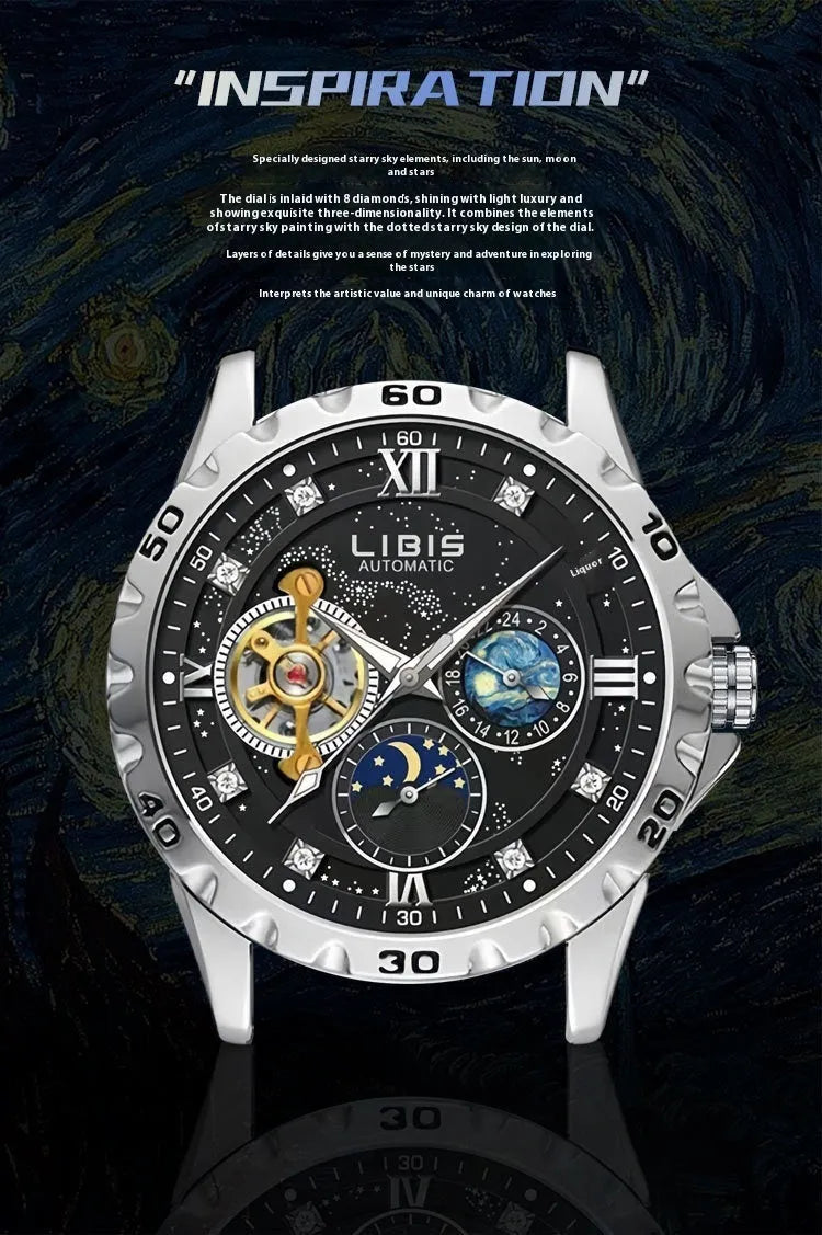 Men's silver automatic mechanical watch with black starry dial and leather strap