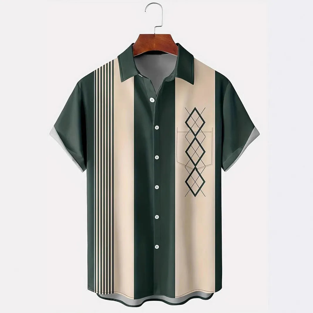 Men's loose fit plaid shirt with lapel cardigan style in contrast colours with short sleeves