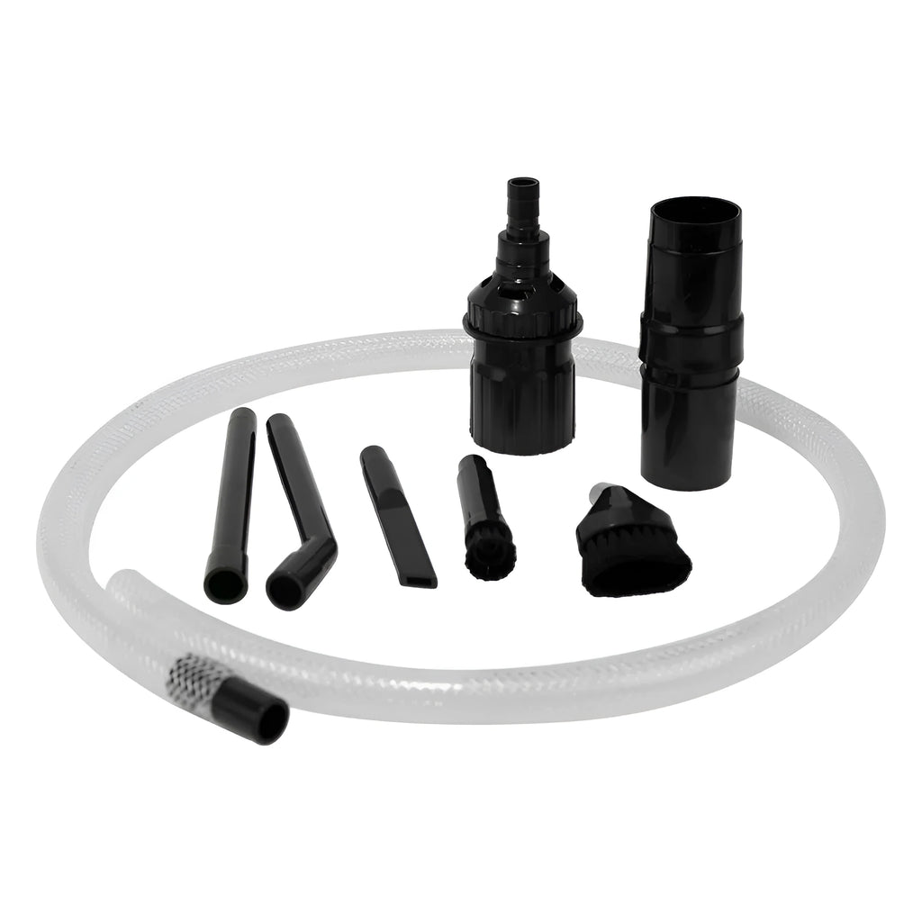 Eight-piece vacuum cleaner attachment set with multiple specialised suction heads for compact space cleaning