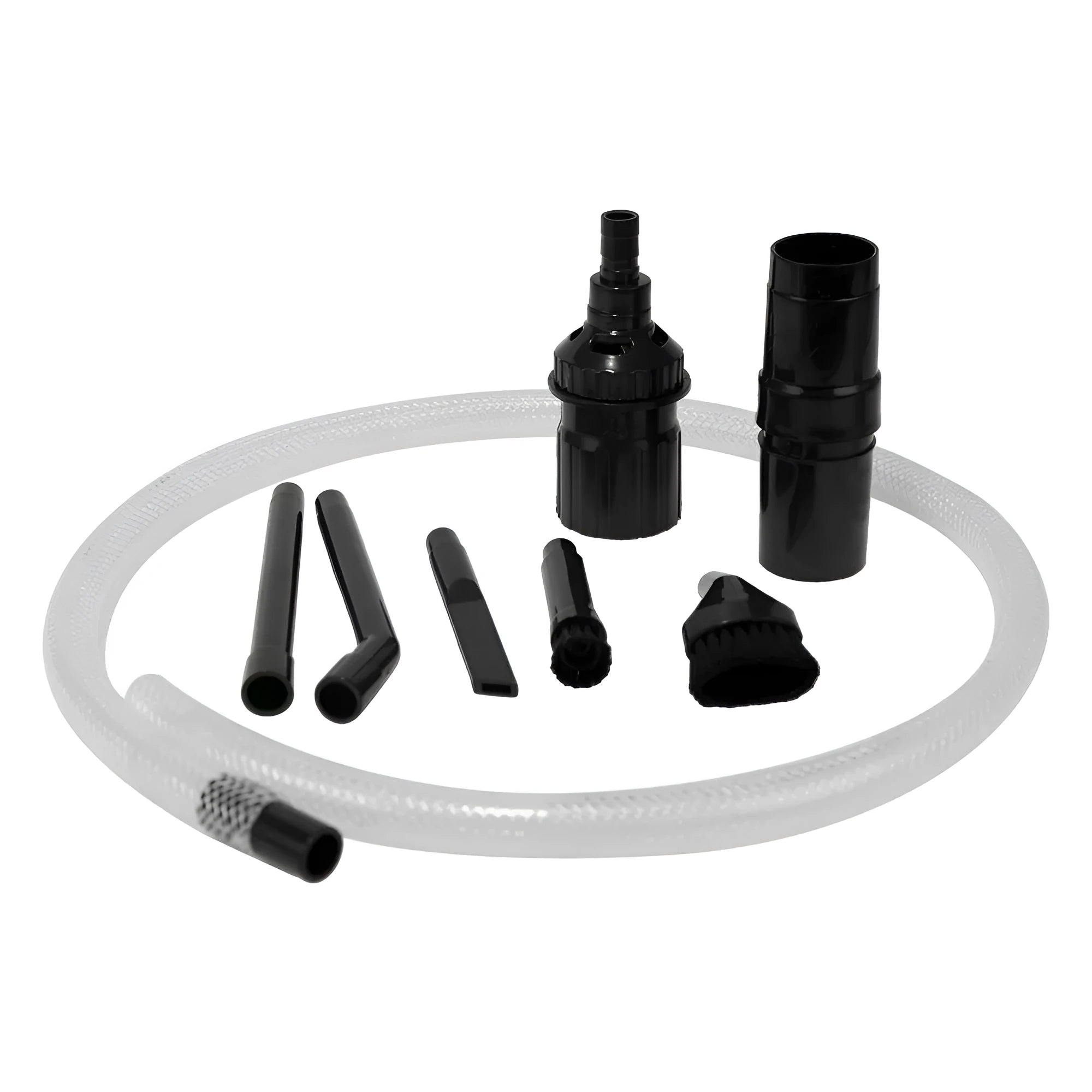 Eight-piece vacuum cleaner attachment set with multiple specialised suction heads for compact space cleaning