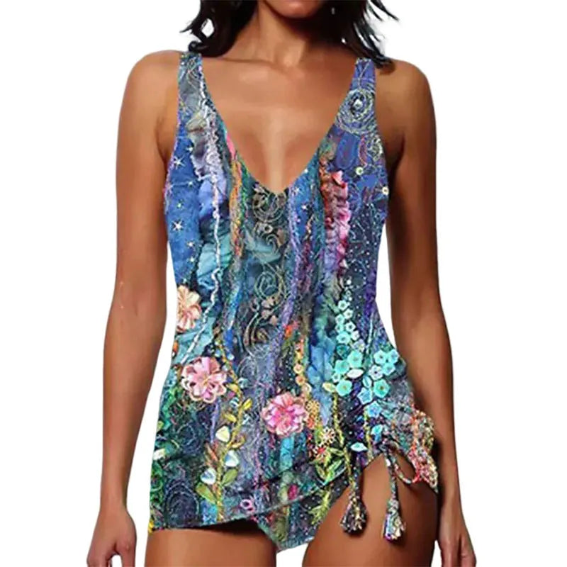 Women's printed triangle bikini swimsuit in spandex with backless design and sleeveless briefs style