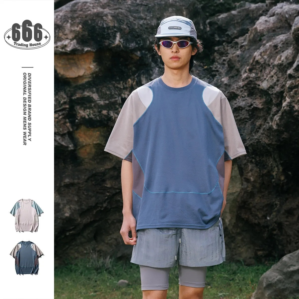 Men's loose fit patchwork contrast colour cotton blend sports T-shirt with short raglan sleeves