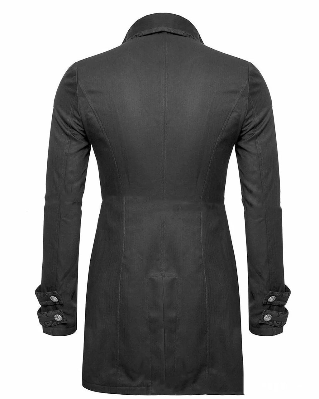 Black Victorian-style morning gown cosplay jacket for men on a hanger.