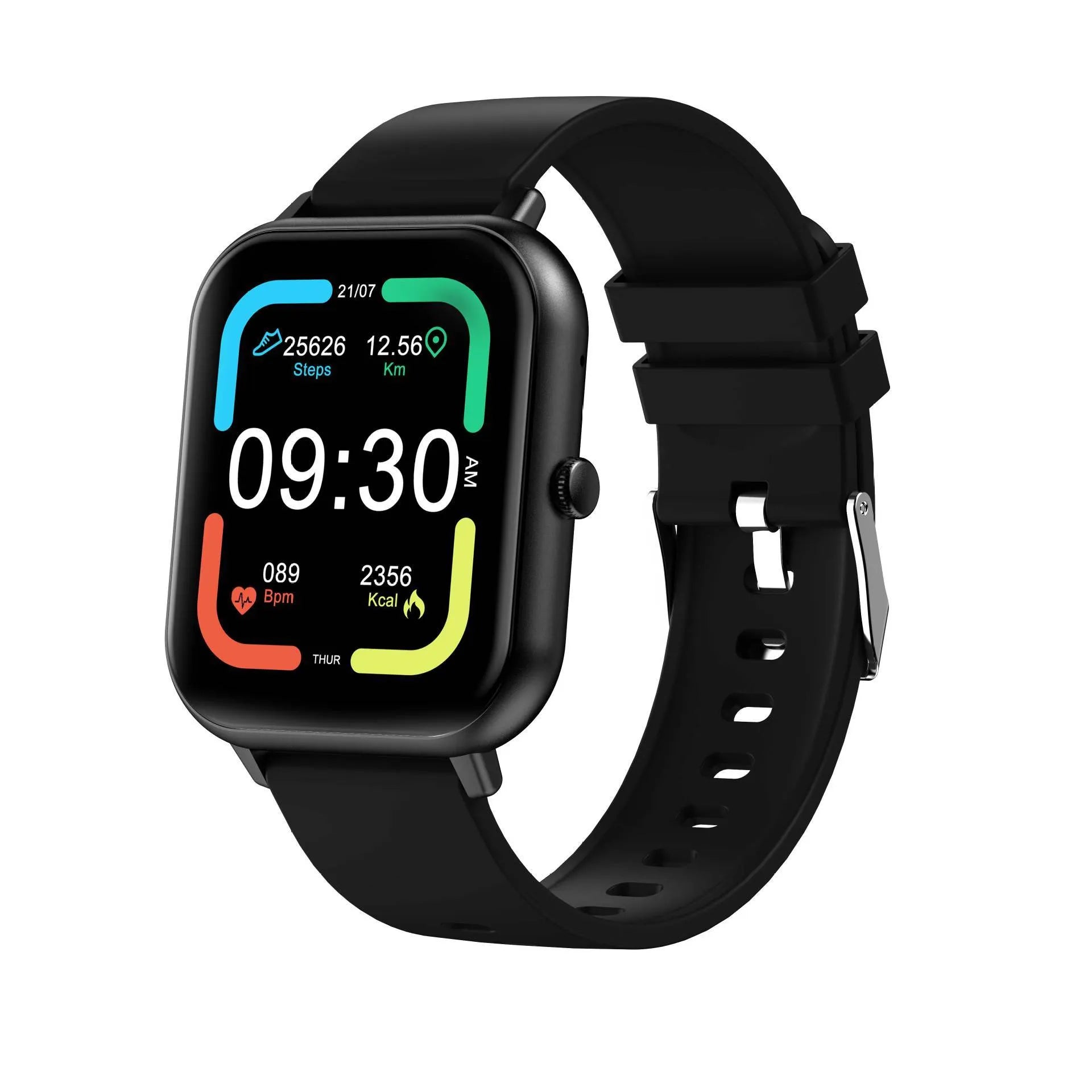 Bluetooth smart watch showing heart rate monitoring and camera remote control functions on TFT screen