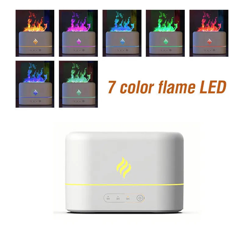 USB-powered aromatherapy humidifier with seven-colour flame LED effect in black or white