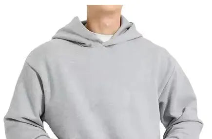 Men's grey fleece-lined cotton pullover hoodie with wool lining shown front view