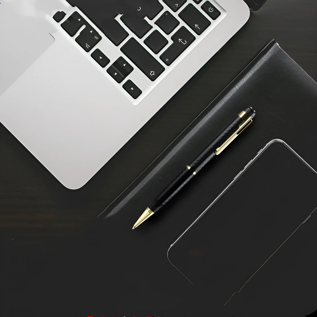 Black pen shaped audio recorder with zinc alloy shell measuring 140mm length