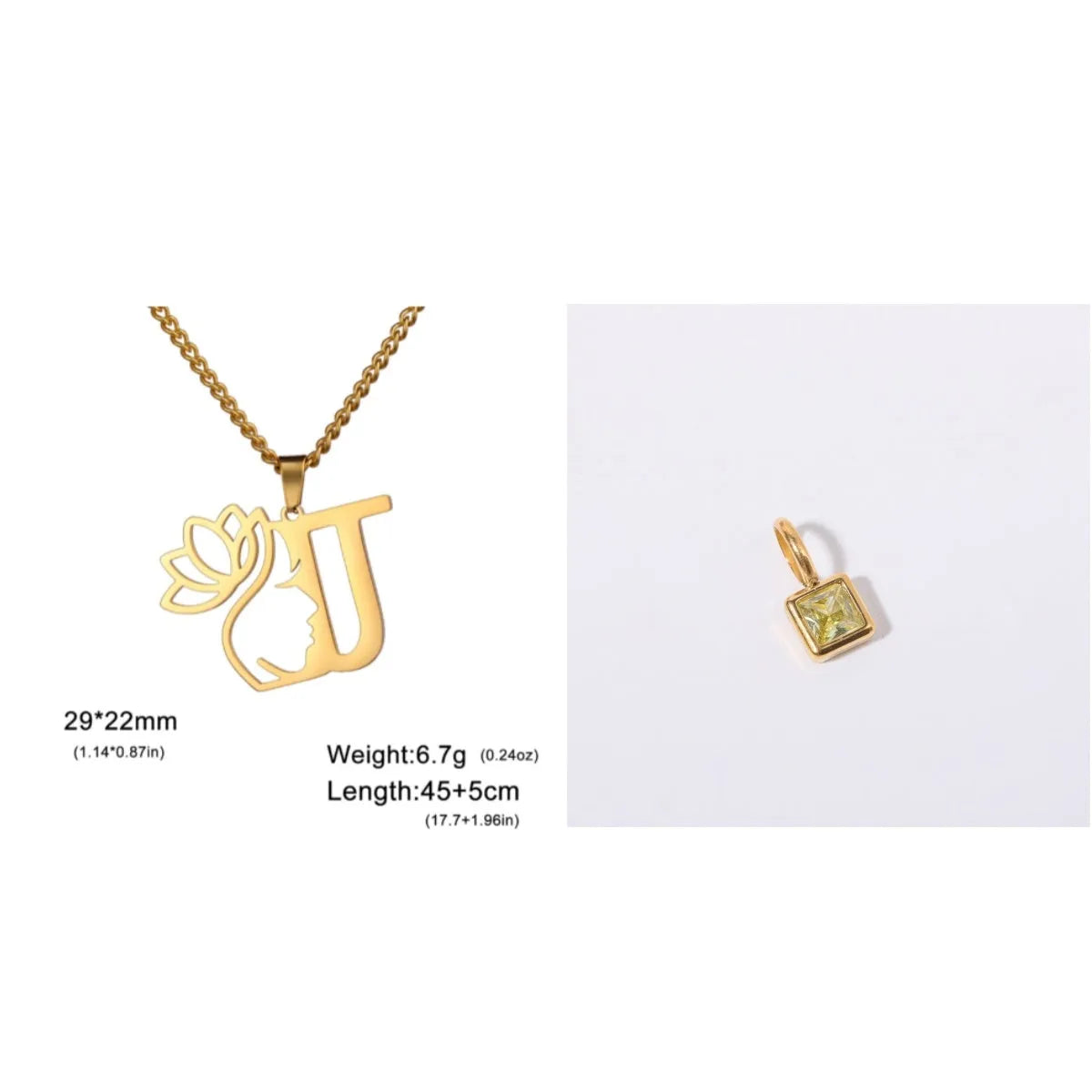 Stainless steel necklace with cross chain design and single letter pendant in gold or silver electroplated finish